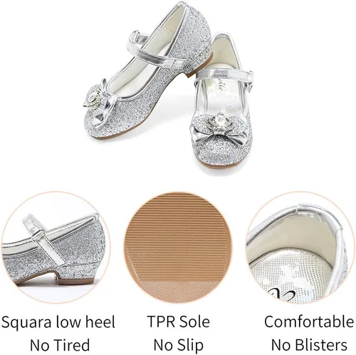 Vista 5 de Stelle - Zapatos de vestir para niñas pequeñas, zapatos de princesa con purpurina y flores, tacón bajo estilo Mary Jane, ideales para fiestas y bodas