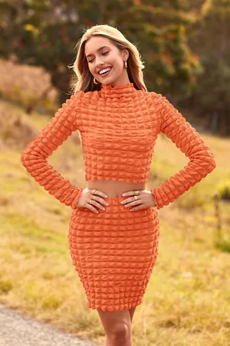 Vista 2 de PRETTYGARDEN Conjunto de 2 piezas de otoño para mujer 2024 con cuello alto falso y minifalda entallada