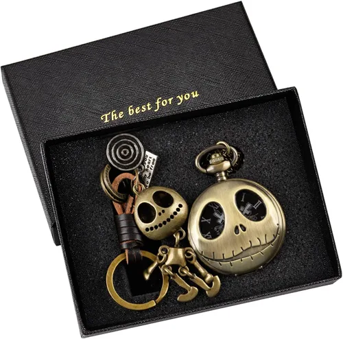 Vista 2 de Realpoo Reloj de bolsillo de Tim Burton's Nightmare Before Christmas con números arábigos, cadena de reloj de bolsillo de cuarzo para hombres