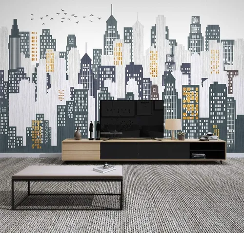 Vista 5 de Murwall City Wallpaper Watercolor Cityscape Wall Mural City Silhouette Wall Mural Modern Home Decor