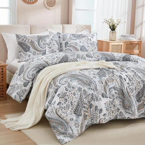 Vista 21 de Juego de edredón floral azul tamaño Queen, juego de ropa de cama botánica azul 100% algodón, edredón suave transpirable de 3 piezas y 2 fundas