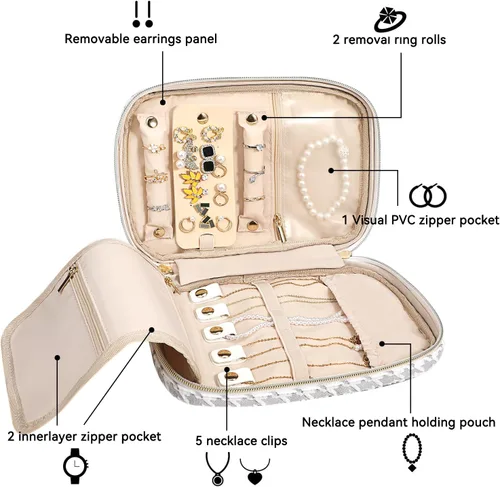 Vista 2 de Voova Estuche organizador de joyas de viaje, gran bolsa de almacenamiento de joyas para mujeres y niñas, bolsa portátil para collares, anillos