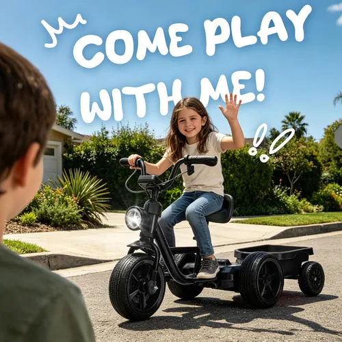 Vista 2 de Triciclo eléctrico de 12 V para niños, bicicleta para niños pequeños con estructura triangular estable, asiento ajustable, ruedas anchas de EVA Negro