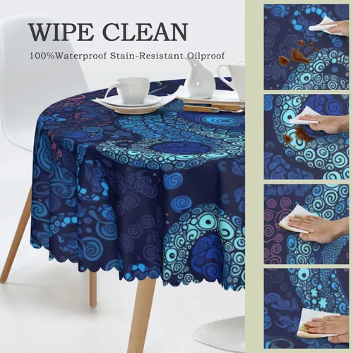 Vista 4 de Manteles redondos con estampado de pulpo azul de 60 pulgadas, impermeables, lavables, decoración de cocina, para mesa de comedor, cocina, mesa