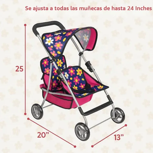 Vista 3 de fash n kolor Cochecito de Muñecas Gemelas - Cochecito de Bebé de Juguete para Muñecas - Cochecito de Juguete con Canasta de Almacenamiento para Set
