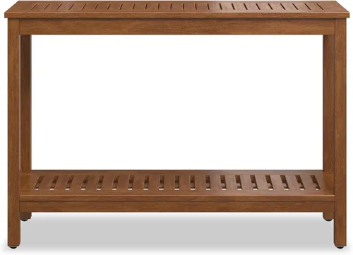 Vista 4 de DTY Outdoor Living Mesa consola de madera de eucalipto, dos estantes para exteriores, acabado marrón resistente a la intemperie