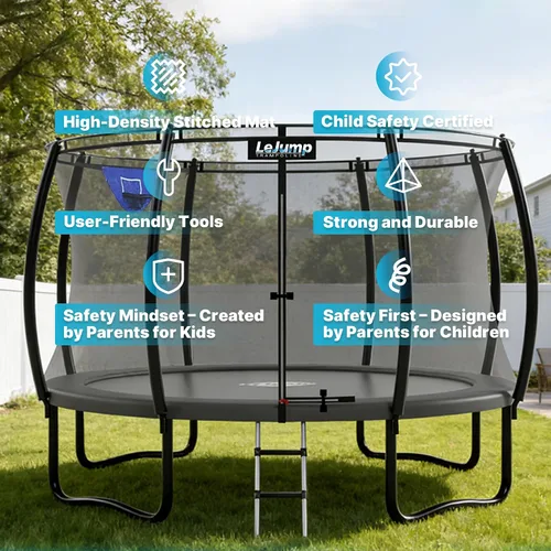 Vista 9 de LeJump Trampolín para exteriores sin resorte de 14 pies, 12 pies, 10 pies, con red, trampolines grandes aprobados por ASTM para niños y adultos