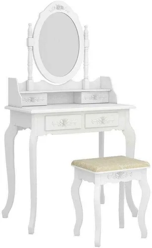 Vista 4 de Juego de tocador blanco para maquillaje y joyería con taburete, 4 cajones, espejo y escritorio de madera de Apontus