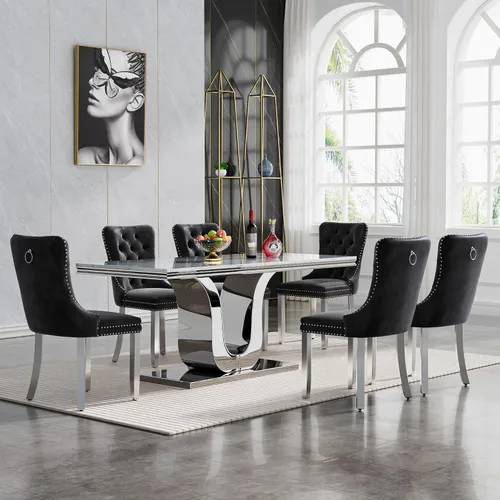Vista 52 de Juego de 4 mesas de comedor blancas y doradas, mesa de cocina rectangular de 68 pulgadas con parte superior de mármol sintético blanco, mesa de Mesa