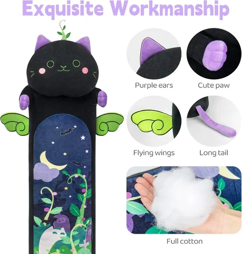 Vista 6 de Mewaii 2 almohadas largas de felpa de gato negro de 44 pulgadas + almohada de felpa de 44 pulgadas con ojos grandes de gatito
