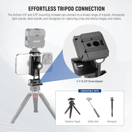 Vista 7 de Adaptador de montaje de trípode para teléfono Neewer con base tipo Arca QR, zapata fría, agujeros de 1/4" y 3/8", giro de 360° y inclinación