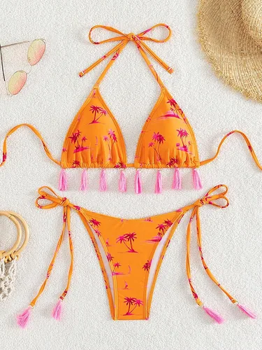 Vista 5 de SHENHE Traje de baño de 2 piezas para mujer, estampado tropical, borla, triángulo, bikini con lazo lateral, tanga