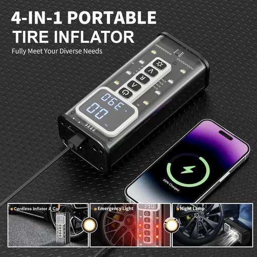 Vista 6 de Inflador de neumáticos Corroy Compresor de aire portátil, inflador de neumáticos inalámbrico de 150 PSI con indicador digital y luz LED, bomba