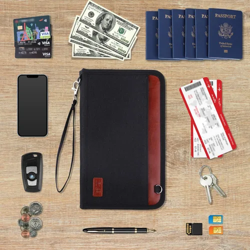 Vista 7 de Cartera para pasaporte, organizador de documentos de viaje con cremallera, bloqueo RFID, múltiples soportes para pasaportes, Negro, 6 passports