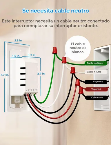 Vista 2 de meross Interruptor inteligente de 3 vías, requiere cable neutro, compatible con Apple HomeKit, Alexa, Hey Google y SmartThings, un solo polo y 3