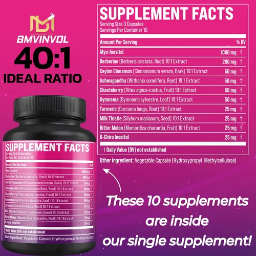 Vista 4 de BMVINVOL Suplemento de inositol - Myo-inositol y D-Chiro Inositol Ideal 40:1 Proporción - Más Berberina, Canela, Ashwagandha + 5 Más - 30 Cápsulas