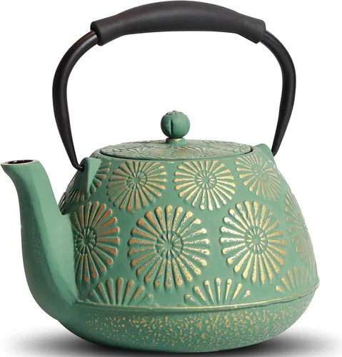 Vista 9 de Tetera de hierro fundido, hervidor de té de 40 onzas con infusor para estufa, diseño Sakura, tetera japonesa para hojas sueltas con interior Negro