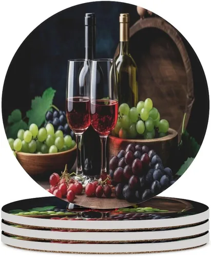 Vista 17 de 4 posavasos de vino tinto, cuadrados y modernos posavasos absorbentes de cerámica, estilo de pintura al óleo, vintage, vino tinto, uvas, rosa
