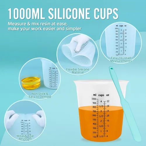 Vista 3 de Juego de tazas medidoras de mezcla de resina de silicona de 1L para suministros de resina, marcas fáciles de leer, taza grande de 1000ml/32oz, tazas