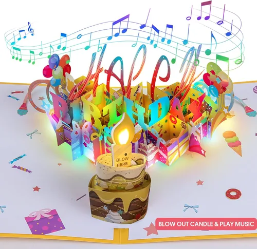 Vista 9 de Tarjeta de Cumpleaños Musical 3D, Vela de Luz LED Soplable, Tarjetas de 3D de Cumpleaños Emergentes con Números DIY 0-9, Vela de Luz LED Soplable