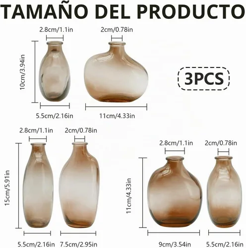 Vista 2 de Juego de 3 jarrones de cristal transparente, pequeños jarrones de cristal Ámbar