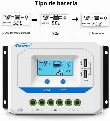 Vista 3 de EPEVER Controlador de carga solar de 10 A, regulador de carga de panel solar PWM de trabajo automático de 12 V/24 V, con pantalla LCD y potente