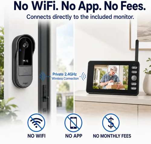 Vista 10 de TKMARS Timbre de puerta inalámbrico sin suscripción con pantalla de monitor, portero de video impermeable con activación activa, no necesita WiFi