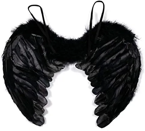 Vista 3 de SEVADA Alas de ángel negro y halo, disfraces de ángel diablo oscuro para niños, niñas, niños y adolescentes, alas de ángel de plumas caídas
