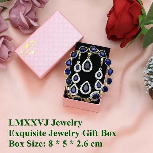 Vista 5 de LMXXVJ Juego de collar y aretes largos, chapados en oro blanco, juego de joyas de zafiro azul creado, joyería de regalo para boda, fiesta, joyería
