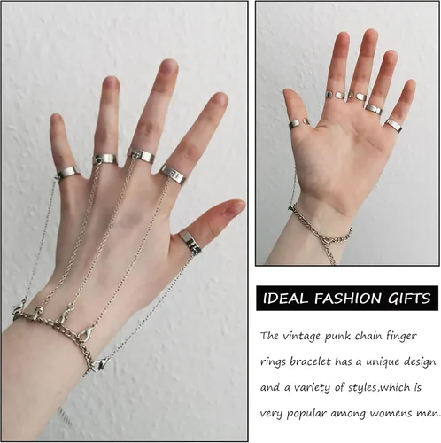 Vista 6 de Pulsera de anillo, cadena de mano, anillos de dedo para mujer, pulsera punk, garras de dedos, pulseras para adolescentes, niñas, ajustable