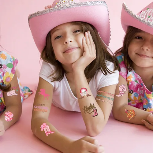 Vista 3 de CHARLENT Tatuajes temporales de vaquera para niños, suministros de fiesta, tatuajes temporales de vaquera occidental para niñas, regalos de fiesta