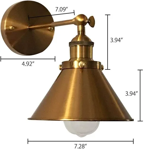 Vista 2 de LITFAD Paquete de 2 lámparas de pared ajustables con acabado de latón, 1 lámpara de pared industrial retro de 7.2 pulgadas con pantalla de cono