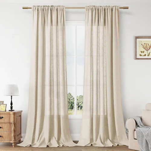Vista 47 de Cortinas de lino verde aguamarina de 84 pulgadas de largo, juego de 2 paneles semitransparentes con bolsillo para barra para comedor, decoración