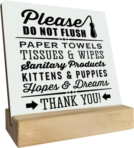 Vista 10 de Placa de estilo granja "Do Not Flush" con gatitos y cachorros adorables en soporte de madera