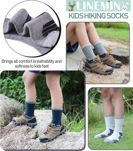 Vista 3 de LINEMIN Calcetines de senderismo de lana merino para niños y niñas, cálidos, gruesos, térmicos, acolchados, para invierno, 6 pares