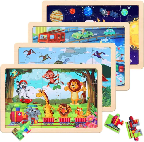 Vista 9 de Rompecabezas de madera para niños de 3 a 5 años, juego de 4 paquetes con 20 piezas de granja, rompecabezas de madera con temática de animales