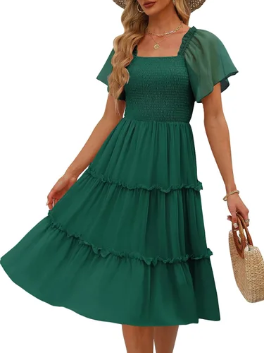 Vista 6 de LILLUSORY Vestido midi fruncido con cuello cuadrado y mangas con vuelo Negro