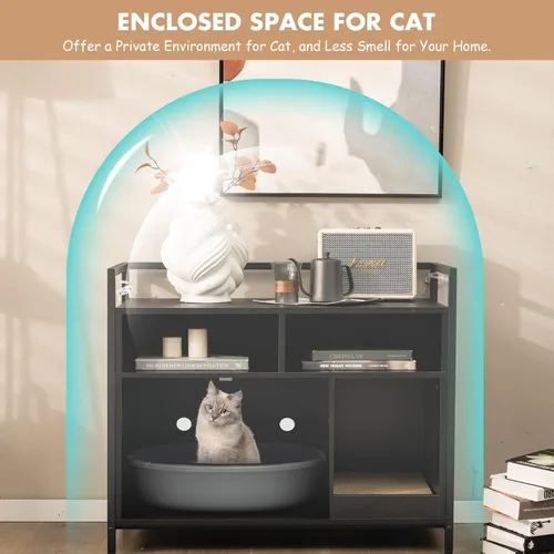 Vista 8 de Giantex Recinto de Caja de Arena para Gatos - Mueble Oculto para Baño de Gatos con Entrada Frontal, Rascador, Armario de Almacenamiento de 2