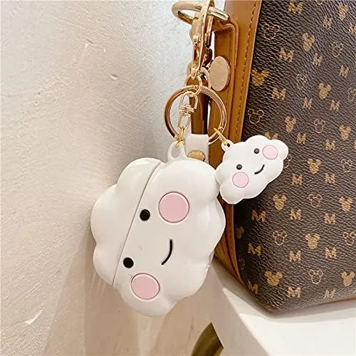 Vista 5 de Linda funda para AirPod Pro para Apple AirPods 2019 con clip llavero pulsera silicona suave color blanco 3D dibujos animados verano lindo encantador