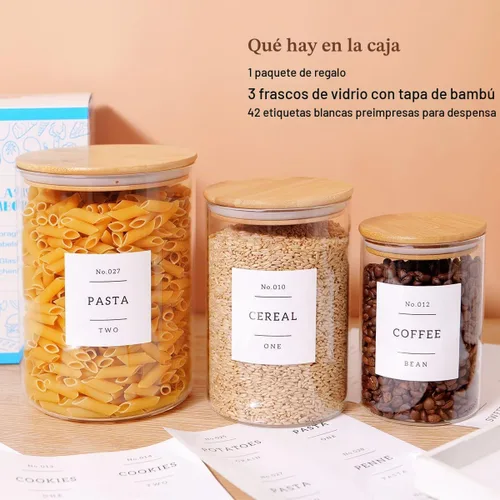 Vista 2 de 3 recipientes de vidrio con tapas herméticas de bambú y 42 etiquetas de despensa de cocina preimpresas, juego de recipientes de almacenamiento