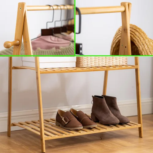 Vista 5 de Perchero de bambú con barra superior para colgar ropa, 2 ganchos laterales y 2 estantes inferiores de dos niveles – Organizador que ahorra espacio