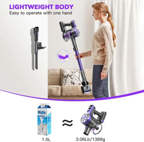 Vista 6 de WLOTPO Aspiradora ligera, recargable e inalámbrica para suelos de madera (morado claro)