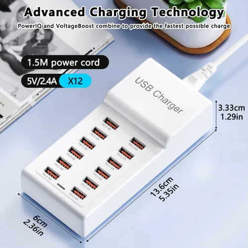 Vista 3 de Estación de carga USB de 50 W (10 A), 12 puertos, carga de escritorio USB, bloque de carga múltiple, concentrador USB compatible con iPhone