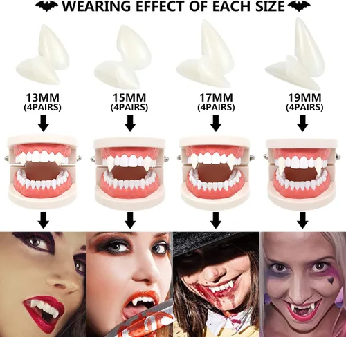 Vista 2 de MUCCKEN 16 Pairs Vampire Teeth with Adhesive 4 Size Vampire Fangs Halloween Decorations Halloween Party Cosplay Props 13mm15mm17mm19mm