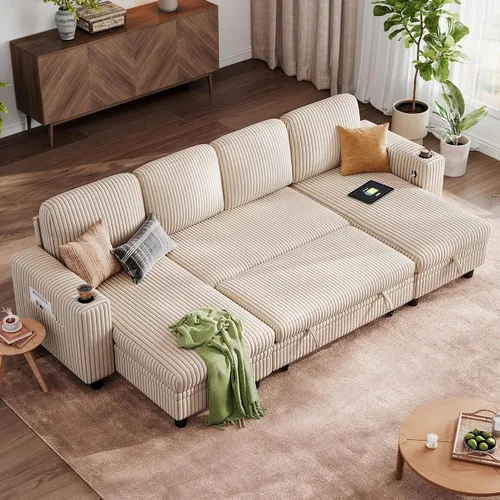 Vista 35 de LINSY HOME Sofá cama seccional con sofá cama extraíble para sala de estar (azul) Plush Corduroy