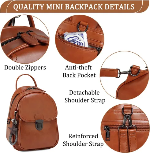 Vista 4 de Mini bolso tipo mochila, monederos pequeños convertibles de piel sintética para mujeres y niñas, marrón, (Brown-Medium), Mochilas Daypack