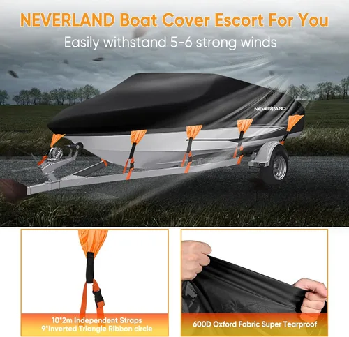 Vista 5 de NEVERLAND Funda para barco impermeable de grado marino resistente de poliéster 600D, lona remolcable, se adapta a V-Hull y Tri-Hull, Runabouts