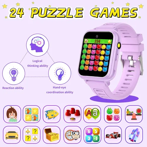 Vista 4 de Vakzovy Reloj inteligente para niños y niñas, reloj inteligente para niños de 4 a 12 años con 24 juegos, cámara HD, reproductor de música