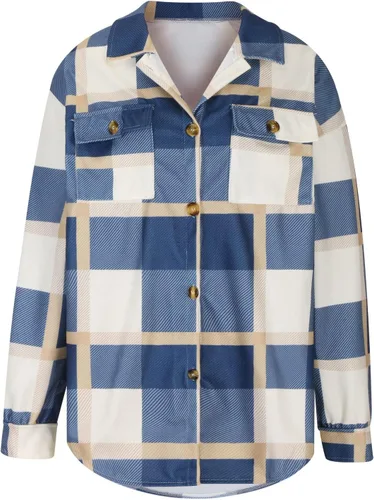 Vista 5 de Chaqueta de franela a cuadros para mujer, manga larga, mezcla de lana, chaquetas de otoño con botones en el pecho, bolsillos en el pecho, trajes