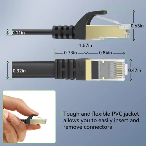 Vista 6 de Cable Ethernet Cat 8 de 1 pie, paquete de 2 unidades, 40 Gbps 2000 MHz Cat8 cable de conexión de red de Internet plano de alta velocidad, cable LAN